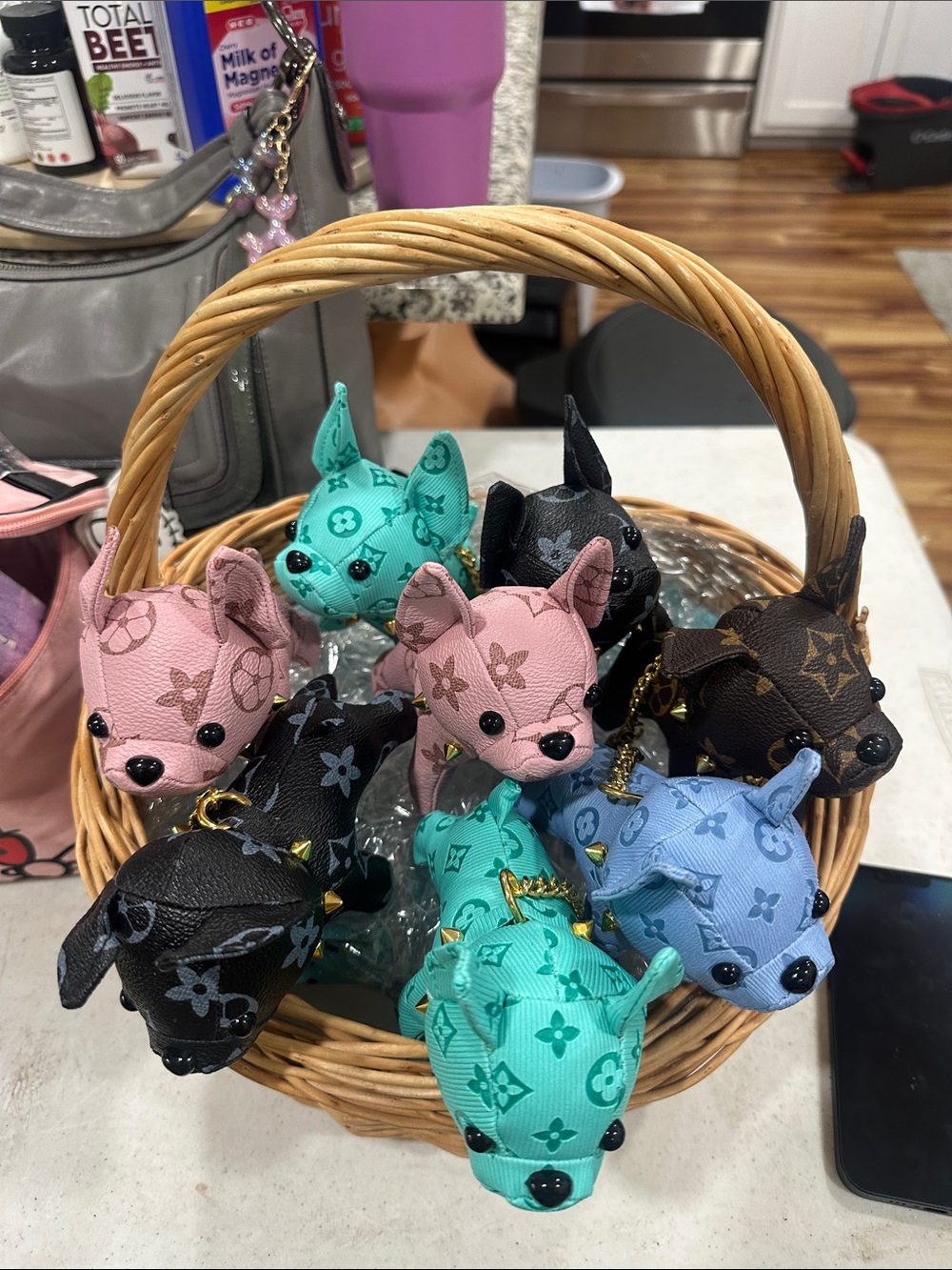 Colorful French bulldogs Designer Plush purse, charms Set 8 French bulldogs NWT